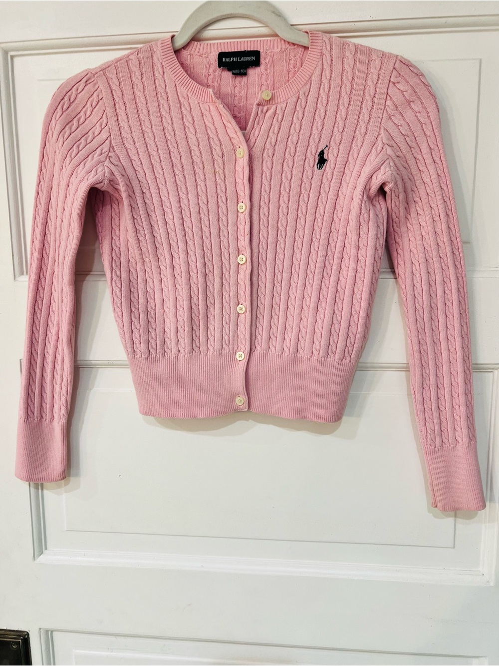 Ralph Lauren Girls Pink Cable Knit Cardigan Sweater M 8-10 Cotton Pony Logo
